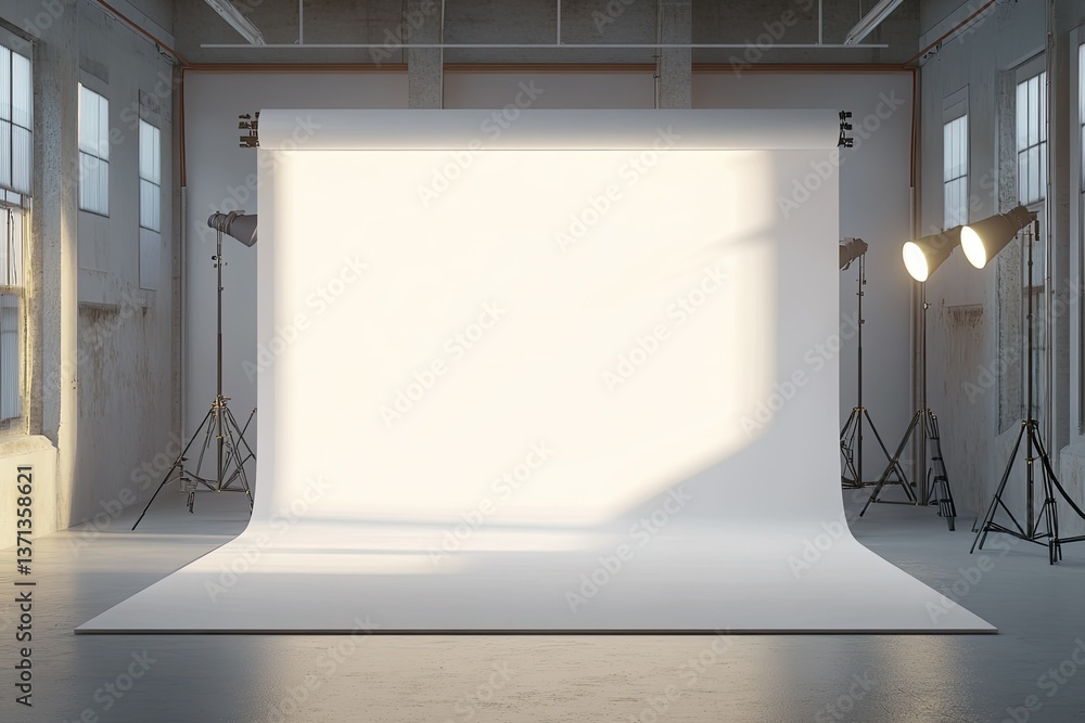 Fototapete High Detail Picture of Empty Photography Studio with Paper Roll and Lights 3D Rendering