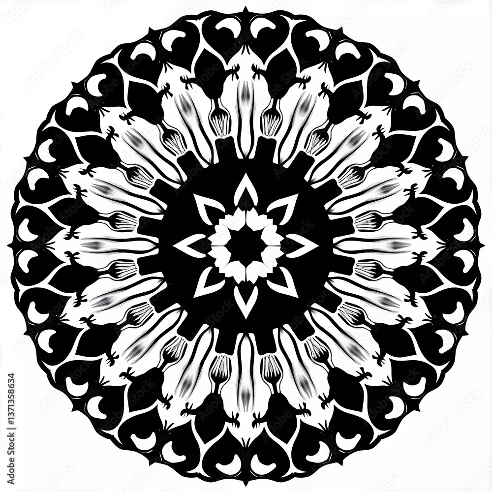 Aufkleber circular tile captivates with its complex arrangement of black and white shapes, blending forms in p