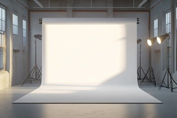 High Detail Picture of Empty Photography Studio with Paper Roll and Lights 3D Rendering