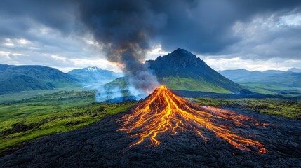 Fiery Volcanic Eruption at Sunset, Lava Flowing Down Dark Cone, Dramatic Stormy Sky