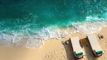 Naklejka premium Serene beach scene with loungers and gentle waves lapping at the shore under a clear sky