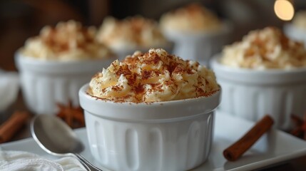 Puerto Rican tembleque coconut pudding sprinkled cinnamon served in white dish
