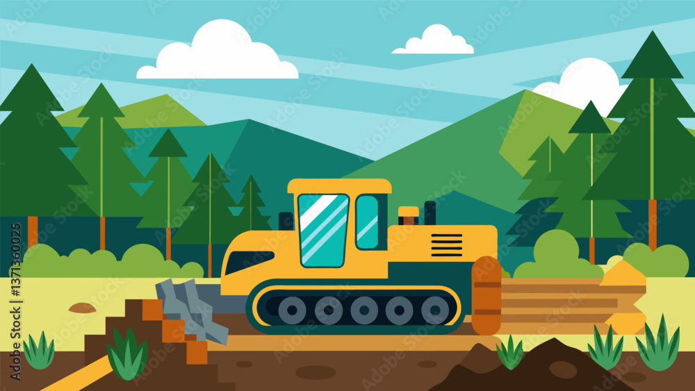 Poster a bulldozer clearing away trees and brush to make way for the pipeline route.. vector illustration
