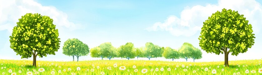 Springtime meadow with trees, sunny day, idyllic background, greeting card