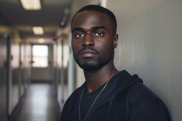 Obraz premium Portrait of a confident black man in office hallway