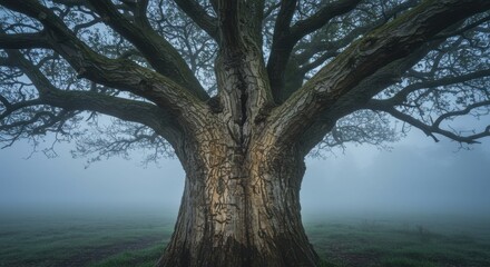 Fototapeta premium Ancient Oak Tree in Misty Field: A Serene Landscape Photography