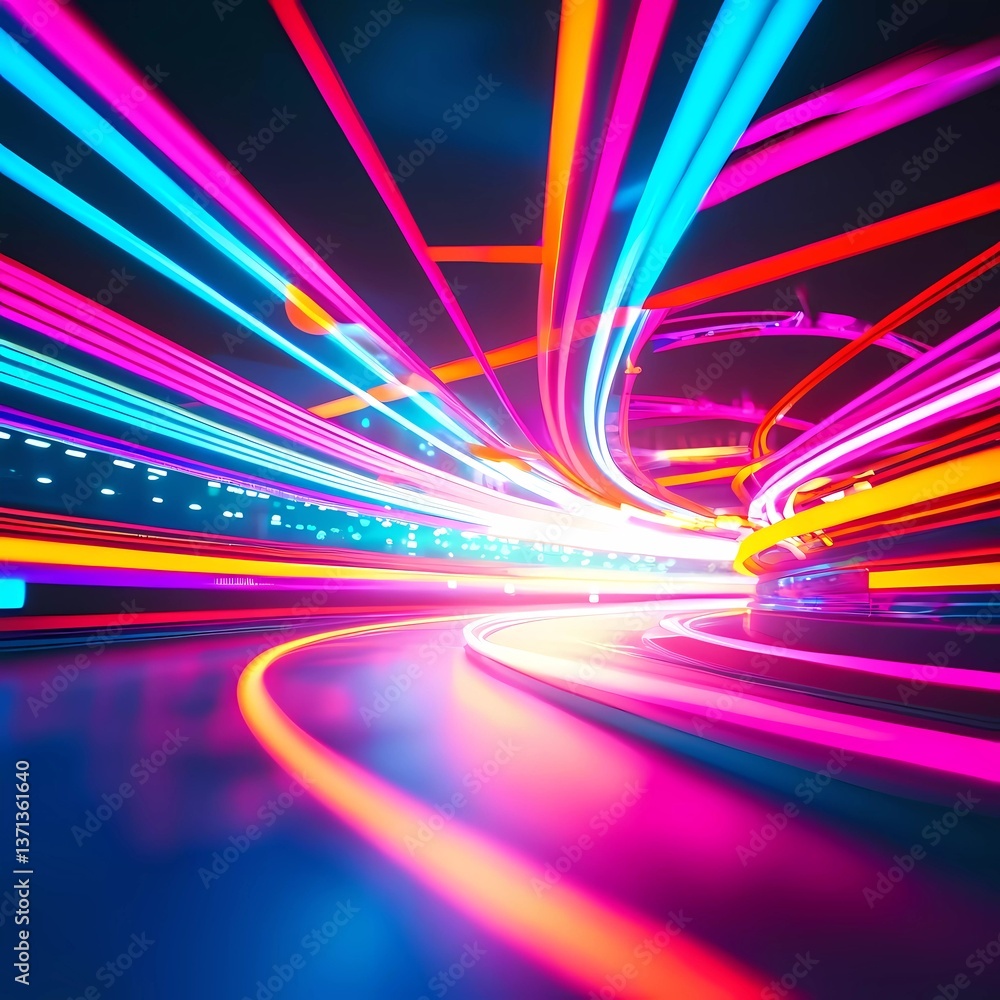 Poster bright lines weave and twist energetically in a mesmerizing display, radiating luminescence generati