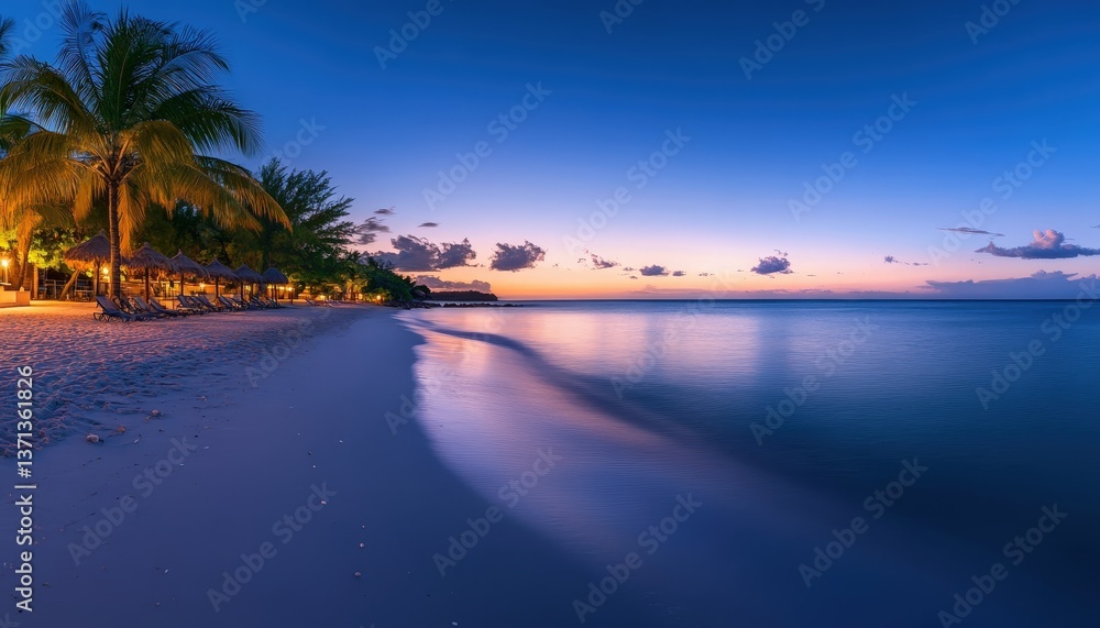 Poster Tranquil twilight at a serene beach with palm trees and soft waves in the backdrop of a colorful sunset