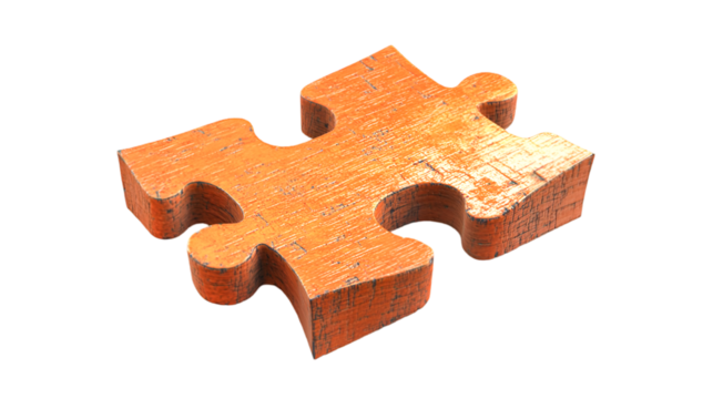 A single orange wooden puzzle piece on black background representing solution connection and completion