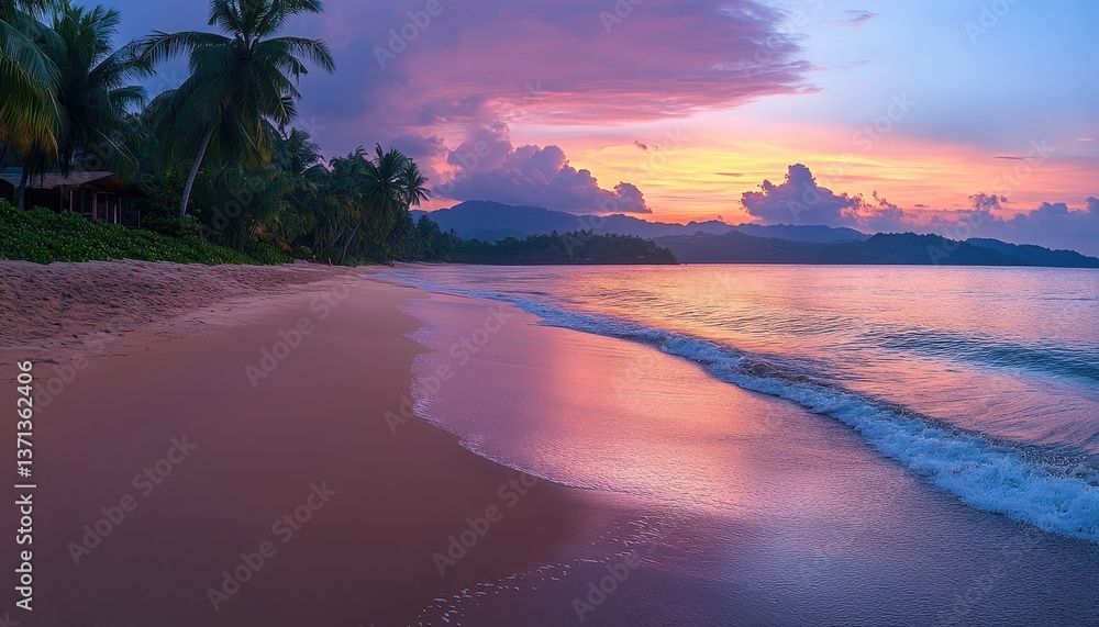 Aufkleber Tranquil twilight at a serene beach with palm trees and soft waves in the backdrop of a colorful sunset