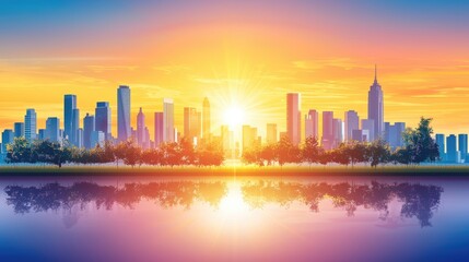 Sunrise over city skyline reflected in water