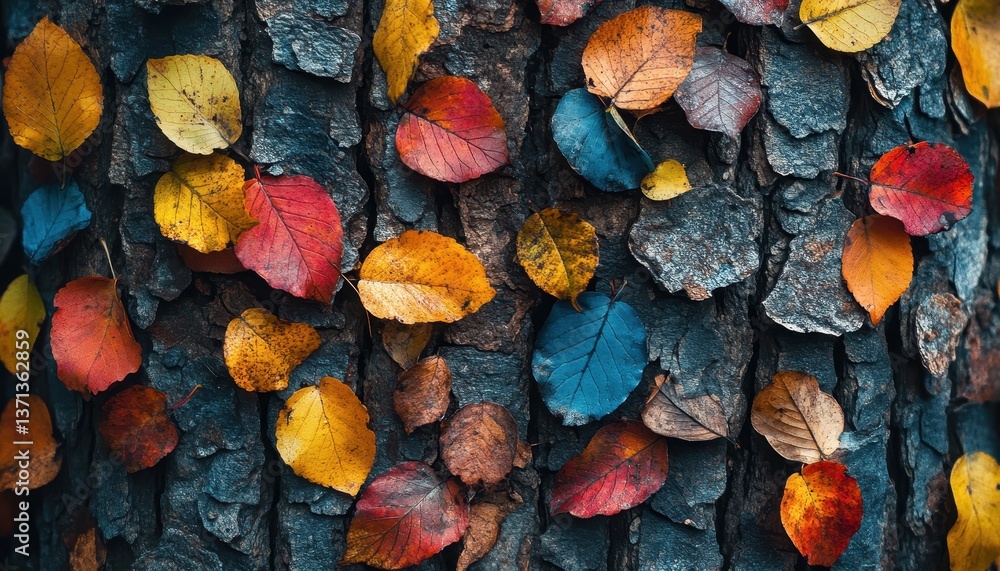 Poster colorful autumn leaves blanket a textured tree trunk in a serene outdoor setting during a clear fall
