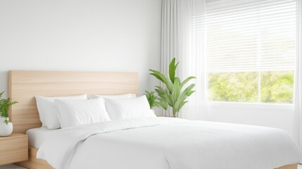 Modern bedroom interior design with natural light and plants