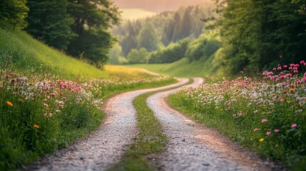 Obraz premium Winding Gravel Road Surrounded by Wildflowers and Lush Greenery