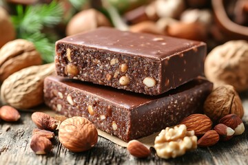 Chocolate Nut Bars on Wooden Table