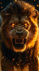 Naklejka premium Roaring lion portrait wildlife powerful closeup animal high resolution hd image