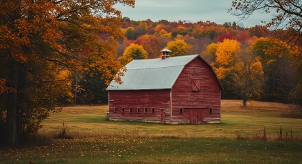 Red Barn in Autumn Field
