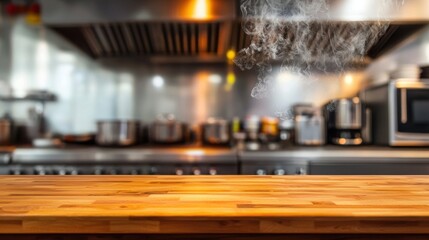 A wooden kitchen countertop with steam rising, showcasing a busy restaurant kitchen in action