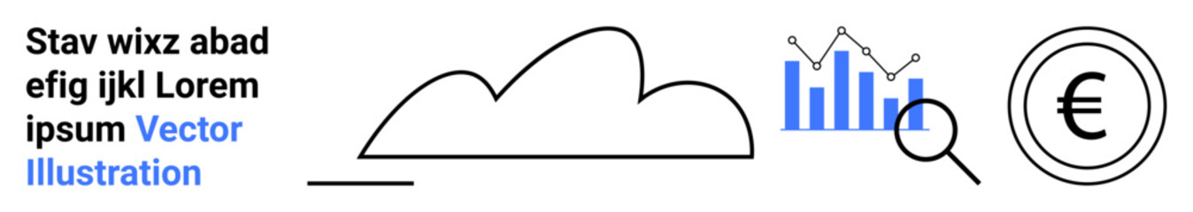 Cloud element, data bar graph with magnifying glass, euro currency icon. Ideal for finance, analytics, cloud computing, data management, economy, research simple landing page