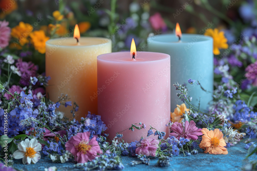 Poster three candles with different colors are lit and placed on a table with flowers