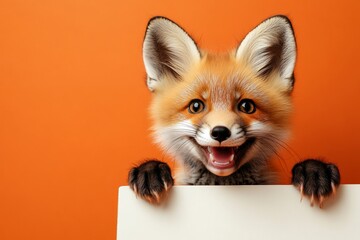 Obraz premium Mockup creature for promo. Cute baby animal fox hold in front paws a wireframe - large white zoo sign. Isolated baby animal on a solid uniform bright orange background. Adorable model pose.