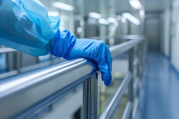 Person cleaning a hospital railing with blue gloves