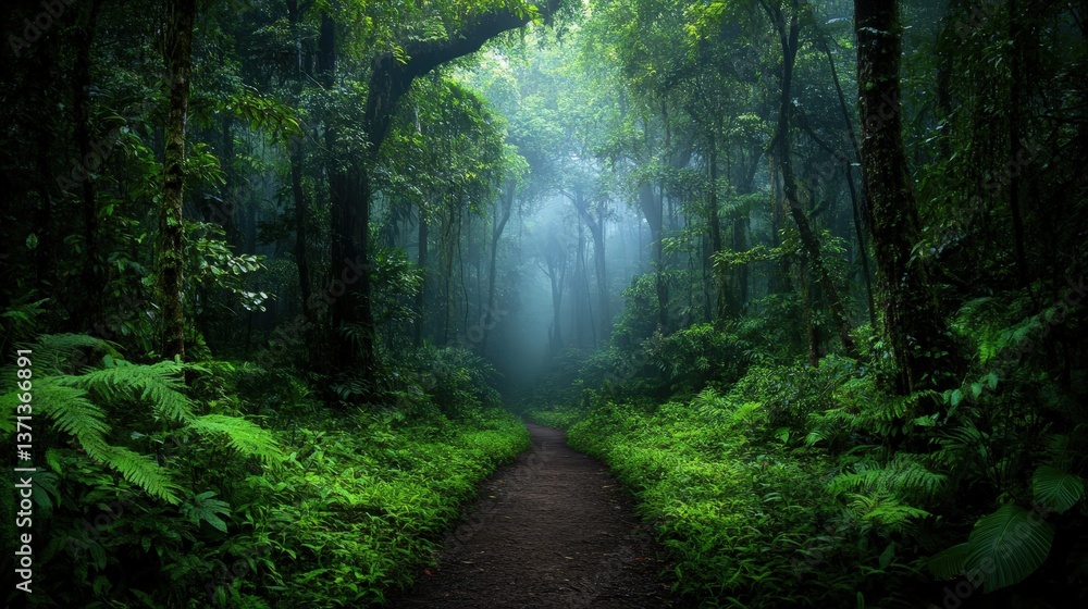 Aufkleber a serene forest path shrouded in mist, surrounded by lush greenery and towering trees, inviting expl