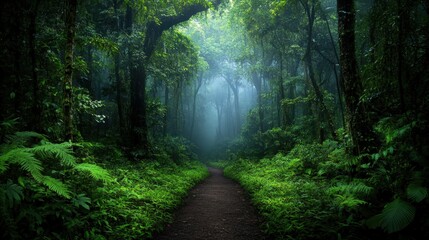 Obraz premium A serene forest path shrouded in mist, surrounded by lush greenery and towering trees, inviting exploration and connection with nature.