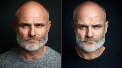 Portrait of a mature man with a beard, showcasing contrasting expressions in a dark studio setting