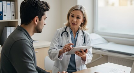Fototapeta premium Physician explaining medical information to diverse patient using technology