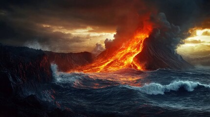 Fototapeta premium Cinematic, earth-shattering tremor roaring across the deep, ocean violently retreating with unimaginable force, massive basins forming as waters surge away, colossal waves carving paths through the de