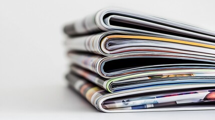 Stack of magazines or brochures resting on a surface with plain background