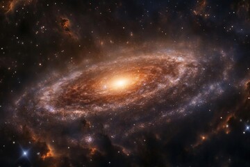 Fototapeta premium A spiral galaxy with a bright core surrounded by glowing star clusters, set against a dark space backdrop with scattered stars and some reddish-brown dust clouds