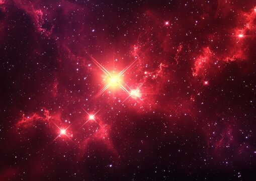 star cluster glowing in deep space, capturing a cluster of stars against a backdrop of gaseous formations with shades of red and purple