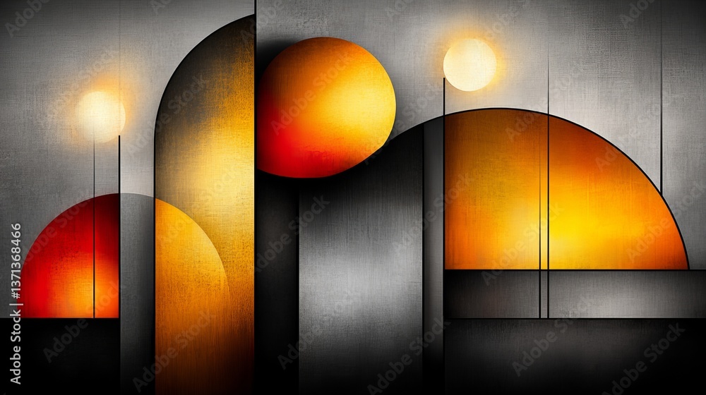Poster abstract geometrical shapes compose an artful arrangement of spheres and arches on a textured gray b