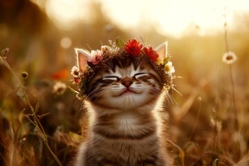 Cute baby cat manx wearing savage flower crown on its head. Vacation time happiness. Golden hour in sunset. Gentle summer breeze on a catâ€™s fur. Kitten celebrating summer. Happy little kitte.