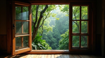 Uma janela de madeira aberta para a floresta tropical
