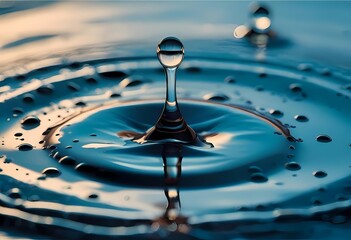 A water drop creating ripples in a blue liquid, symbolizing purity and motion, suitable for abstract and natural themes.