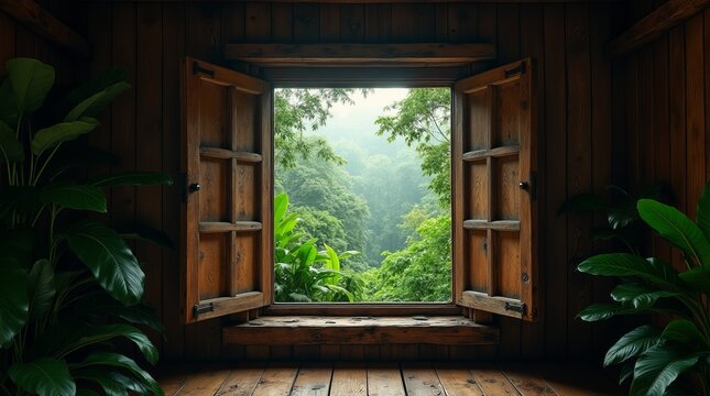 Fototapeta Uma janela de madeira aberta para a floresta tropical