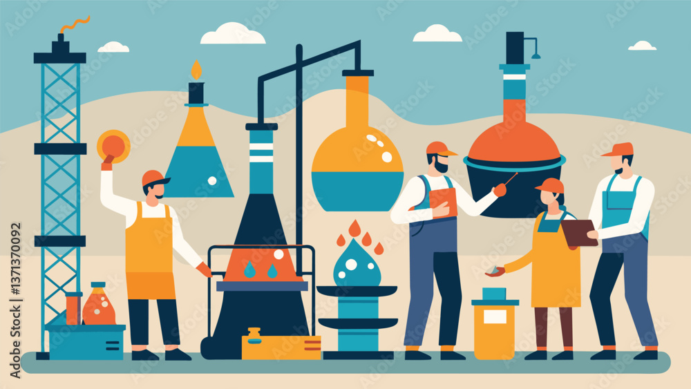 Poster a busy oil refinery with technicians pouring and mixing various samples of crude oil in large conica