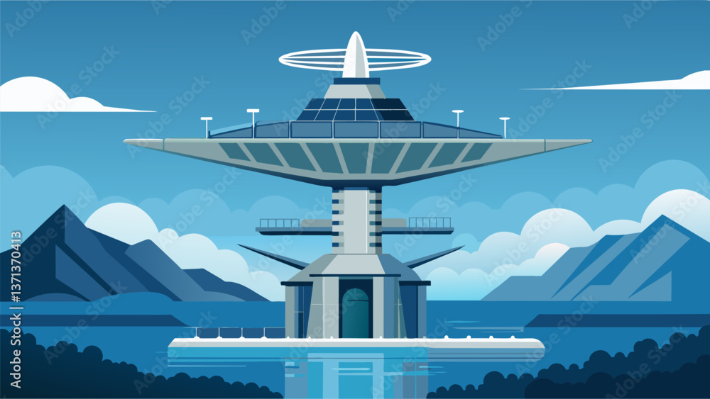 Poster a massive structure resembling a futuristic art piece but in reality a highly advanced tidal energy 