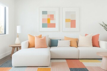 Modern living room with cozy pastel decor, featuring a light sofa, colorful pillows, and abstract wall art for stylish home interiors