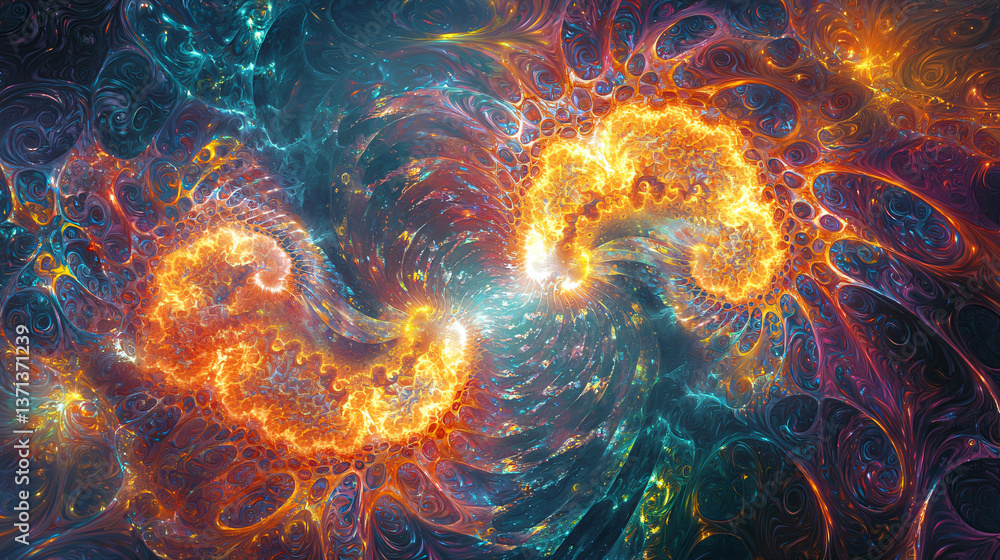 Poster colorful abstract design utilizing fractal patterns and soft ambient glow to create a visually stunn