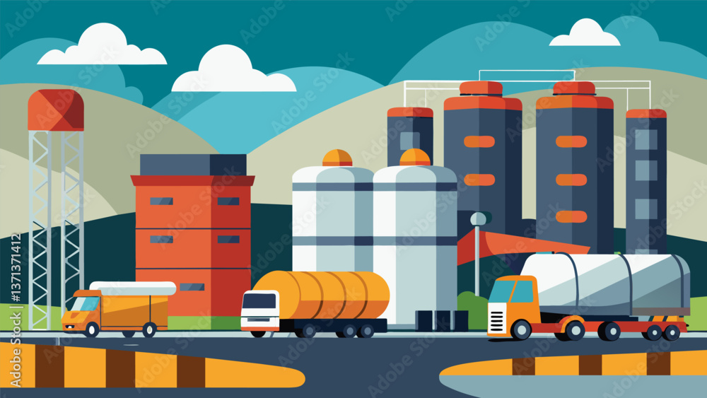 Poster a bustling production site with massive silos and tanks holding tons of bitumen and aggregates ready