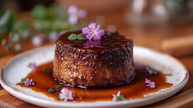 South African malva pudding caramel sauce served warm on a white ceramic dessert plate