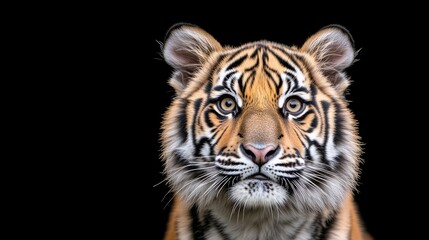 Fototapeta premium Tiger Cub Close Up Portrait High Resolution Photography Front View Dark Background Warm Tones Wildlife Conservation