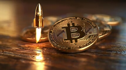 Golden cryptocurrency coins with a rocket launching, symbolizing financial growth and innovation