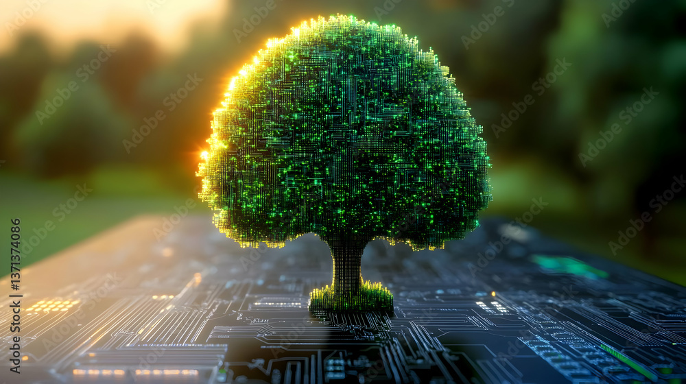 Poster 3d render of digital green tree on circuit board background with sunlight