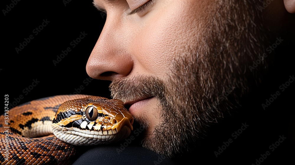 Poster bearded man's face is closely juxtaposed with a patterned snake, creating an intimate studio portrai