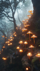 A forest scene with a bunch of glowing mushrooms